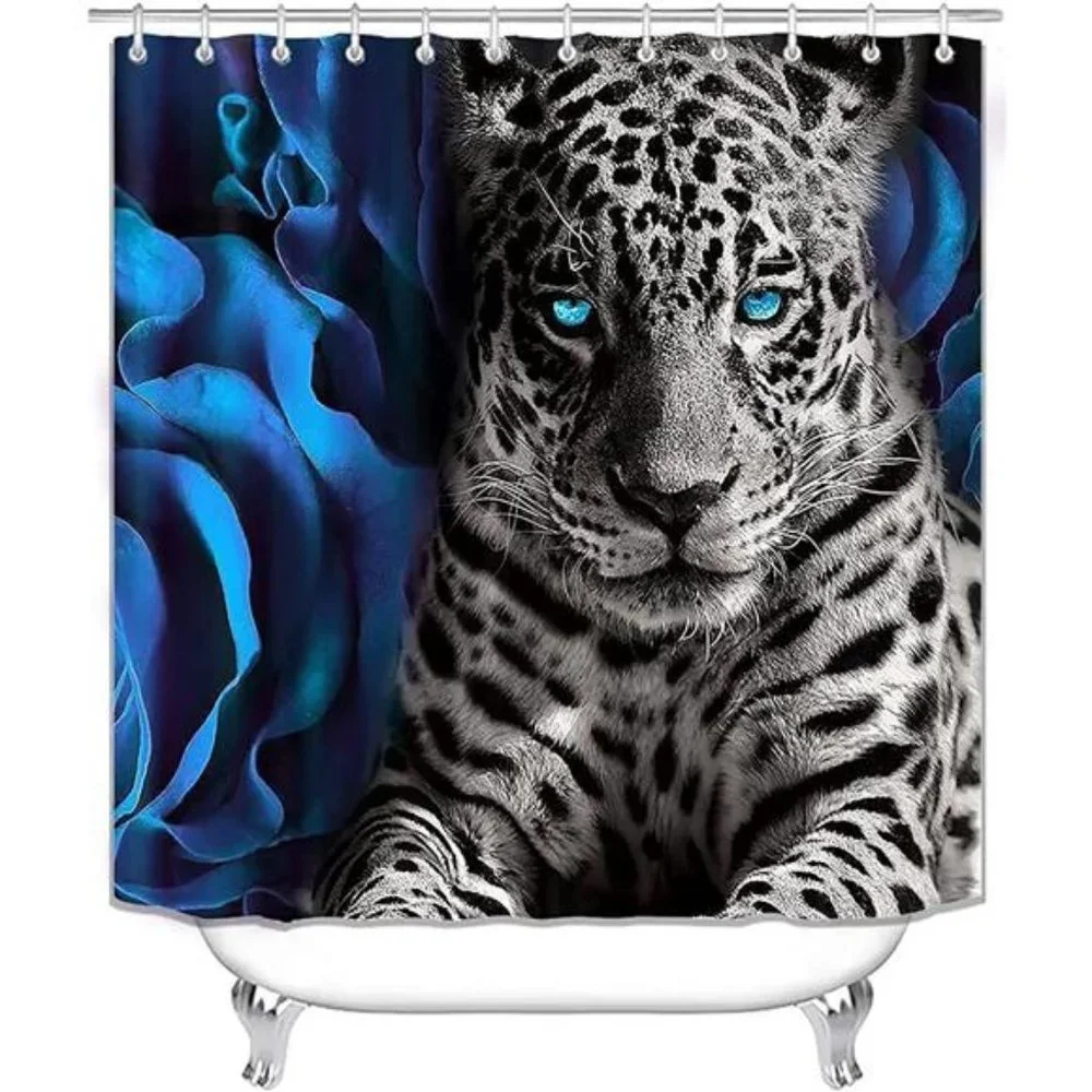 4PCS Blue Rose Leopard Shower Curtain Set with Non-Slip Rugs Lid Cover Bath Mat